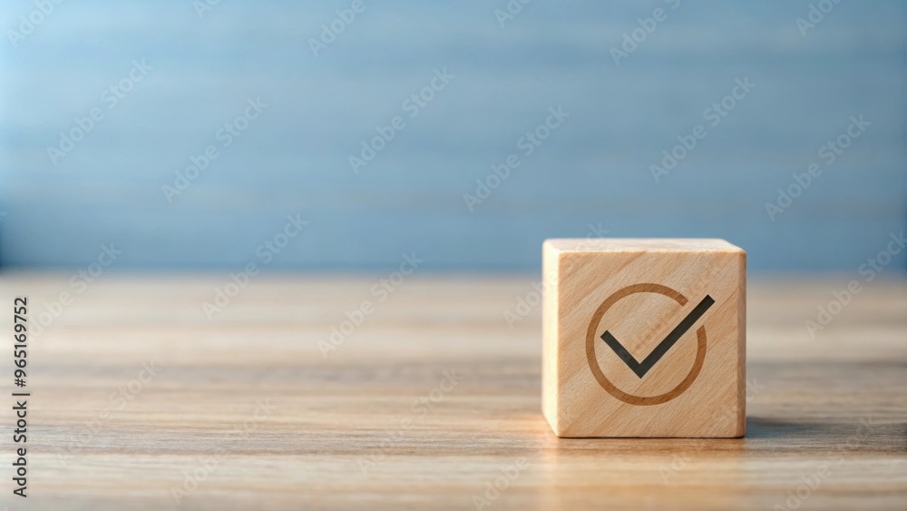 Wooden block with check mark symbol, depicting inspection and certification of standards Wooden block with check mark symbol, depicting inspection and certification of standards