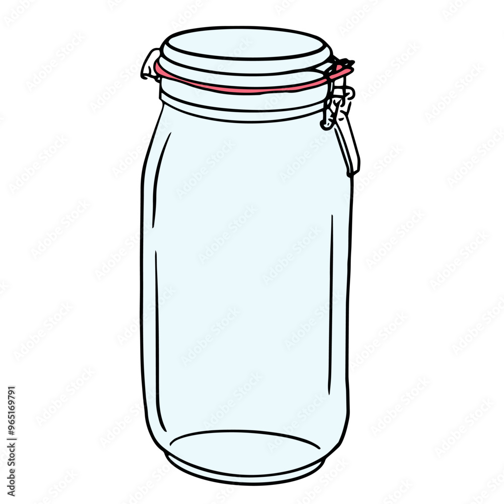 transparent glass jar with snap-on lid, metal fastener, hand drawn doodle illustration. Home container for storage of dry, bottle for menu, cookbook, recipe, poster design. transparent glass jar with snap-on lid, metal fastener, hand drawn doodle illustration. Home container for storage of dry, bottle for menu, cookbook, recipe, poster design.