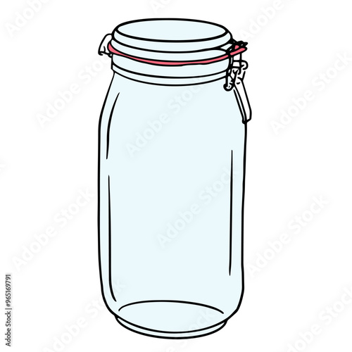transparent glass jar with snap-on lid, metal fastener, hand drawn doodle illustration. Home container for storage of dry, bottle for menu, cookbook, recipe, poster design.