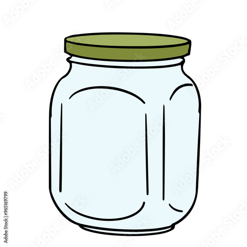 glass jar with ribs isolated on white background, hand drawn doodle illustration. Home empty container for , jam, pickled vegetables. menu, cookbook, recipe, poster design.