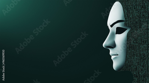 A futuristic mask design represents artificial intelligence, positioned against a dark backdrop, creating a striking visual with empty space for additional content, anonymity concept