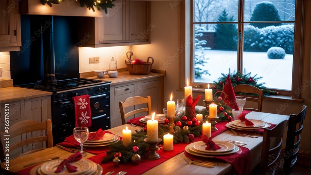 Cozy Christmas Table Setting with Candles and Snowy Window View