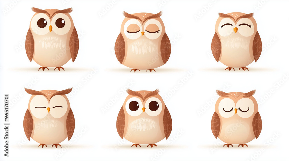 set of 6 Cute cartoon owl character for kids' illustration and educational materials set of 6 Cute cartoon owl character for kids' illustration and educational materials