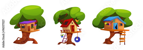 Children treehouse with ladder, tire swing, garlands and flags decoration. Cartoon vector cute kids house on green garden or park trees for summer activity and play. Child wood hut for playground.