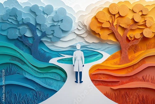 Paper cut style of a doctor standing at the crossroads between a healthy and unhealthy path, symbolizing choices in healthcare and well-being.