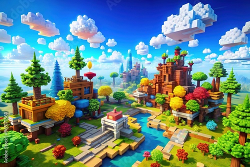 Blocky, vibrant landscape featuring a sprawling virtual world with pixelated trees, structures, and creatures, set against a bright blue sky with fluffy white clouds. photo