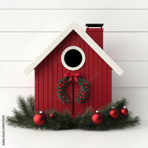 A festive red birdhouse adorned with a wreath and ornaments, perfect for holiday decoration and seasonal warmth. photo