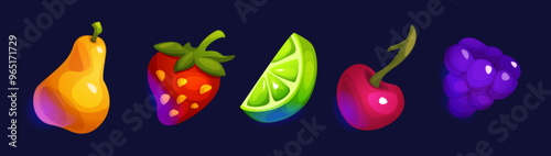 Fruits cartoon vector set for mobile game ui or casino slot design. gambling machine symbols or bonus gift elements of pear and strawberry, lime slice and cherry, blackberry with glow effect.