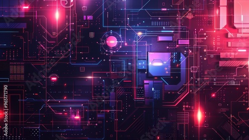 Abstract of chip on complex circuit with digital technology style design and neon electric light graphic show dynamic movement represent about processor algorithm process on high tech device. AIG53.