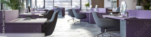 Elegant office with lavender desks and slate grey seating. photo