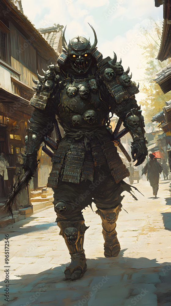 A samurai wearing menacing armor made from oni material, with a helmet, walking through an Edo period town during bright daylight