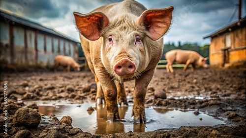 Close-up of a farm pig's dirty hooves standing on a muddy ground, with cracks and wrinkles on the skin, surrounded by rustic farm ambiance.