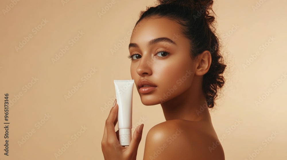 Young Woman with Cream Tube on Beige Background Young Woman with Cream Tube on Beige Background