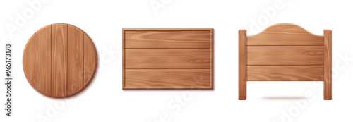 Wood signs set isolated on white background. Vector realistic illustration of blank round and rectangular wooden signboards with natural texture, brown plaques, saloon signboard, interior element