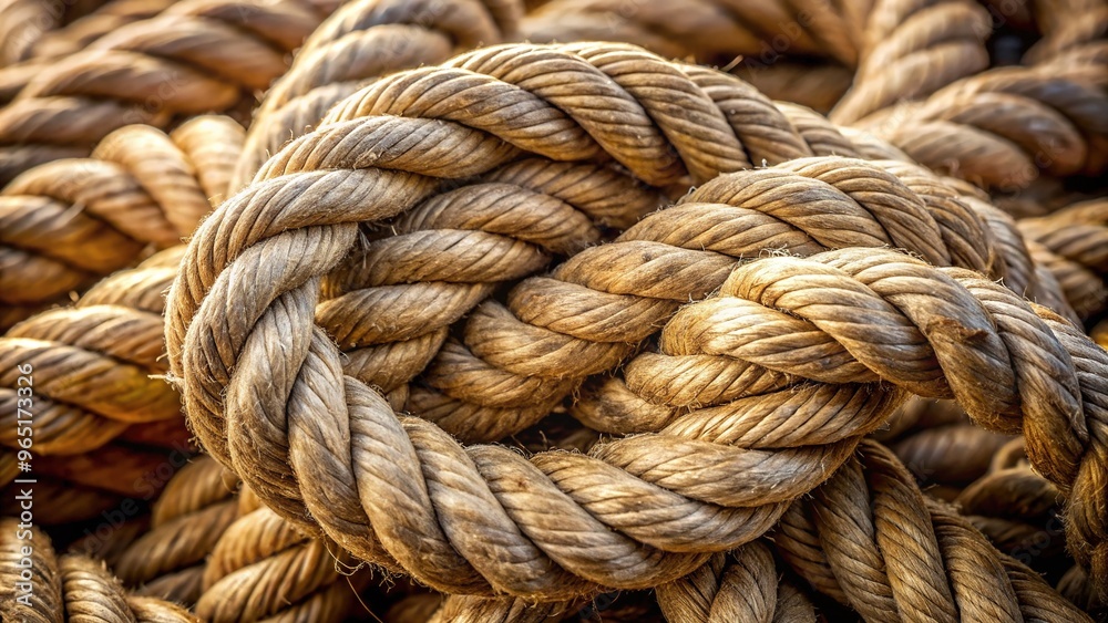 Close-up of intricately tied nautical rope knot with twisted threads and subtle texture, evoking sense of ancient mariner's skill and rugged seafaring heritage. Close-up of intricately tied nautical rope knot with twisted threads and subtle texture, evoking sense of ancient mariner's skill and rugged seafaring heritage.