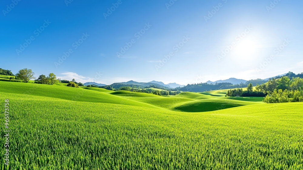 Obraz premium Serene Countryside Bliss: Panoramic View of Rolling Hills under Clear Blue Sky