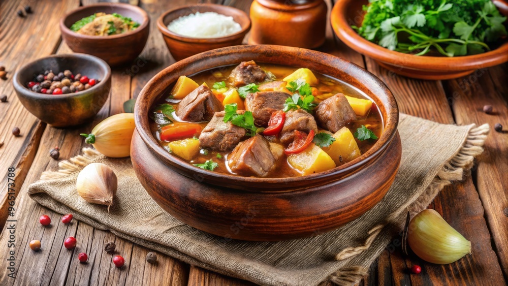 Hearty Peruvian stew slow-cooked in a traditional clay pot, blending tender pork, creamy potatoes, and aromatic spices Hearty Peruvian stew slow-cooked in a traditional clay pot, blending tender pork, creamy potatoes, and aromatic spices