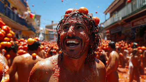 A joyful man covered in tomato splashes during a vibrant festival celebration in a lively street scene. photo