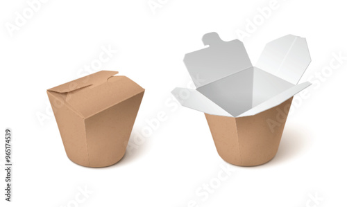 Cardboard take away box for noodle. Closed and open brown craft takeaway chinese food paper package mockup. Realistic 3d vector set of carton container template for meal delivery service branding. photo