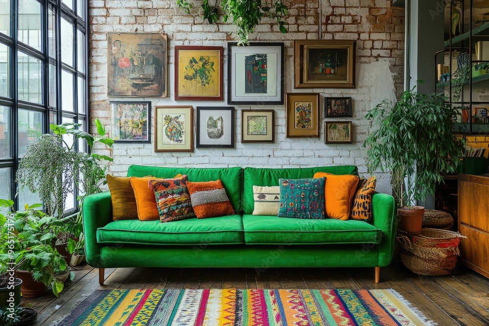 Cozy green sofa with vibrant cushions in a stylish room. Cozy green sofa with vibrant cushions in a stylish room.