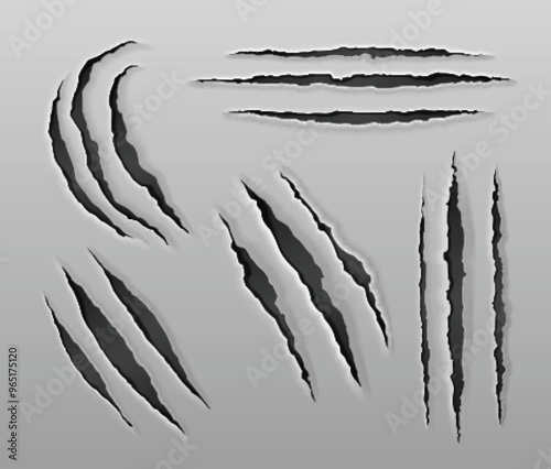 Tiger claw scratch on paper vector. Bear paw mark. Lion nail trace isolated set. Horror attack design with scary tear realistic 3d. Mystery scrape texture on wall surface. Power shred from werewolf