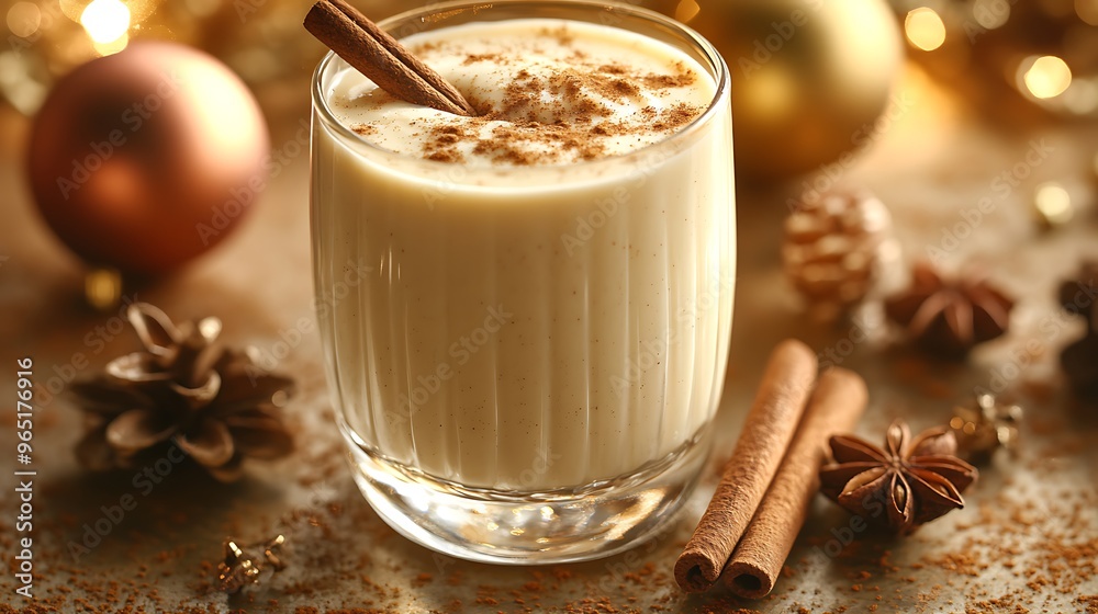A close-up of a creamy glass of eggnog, garnished with grated nutmeg and a cinnamon stick placed delicately on the side. The background is a softly lit holiday kitchen with warm, A close-up of a creamy glass of eggnog, garnished with grated nutmeg and a cinnamon stick placed delicately on the side. The background is a softly lit holiday kitchen with warm,