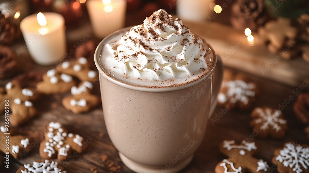 A close-up of a frothy gingerbread hot chocolate topped with whipped cream and dusted with gingerbread spice, placed on a rustic wooden table with Christmas cookies around. A close-up of a frothy gingerbread hot chocolate topped with whipped cream and dusted with gingerbread spice, placed on a rustic wooden table with Christmas cookies around.