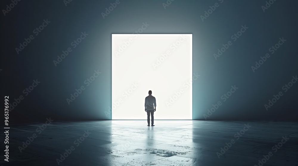 Man Standing in Front of a Bright White Light in a Dark Room, Symbolizing New Beginnings and Opportunities Man Standing in Front of a Bright White Light in a Dark Room, Symbolizing New Beginnings and Opportunities