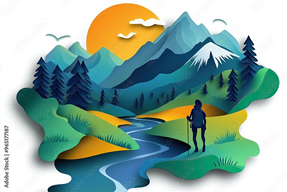 Adventurous Hiker in Paper Cut Style Exploring Nature with Mountains and Rivers in Background Adventurous Hiker in Paper Cut Style Exploring Nature with Mountains and Rivers in Background