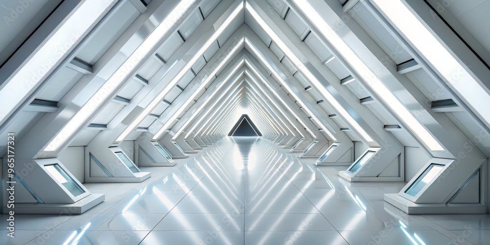 Obraz premium Futuristic White Corridor Perspective View, 3D Rendering, White Walls, Bright Lights, Geometric Architecture, Futuristic Design, Science Fiction