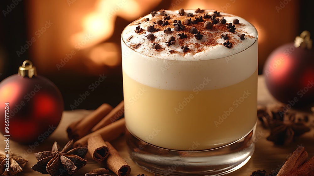 A close-up of a frothy Pisco Sour, topped with cinnamon powder and cloves, surrounded by festive holiday spices and ornaments. The softly blurred background highlights a glowing fireplace. Warm tones, A close-up of a frothy Pisco Sour, topped with cinnamon powder and cloves, surrounded by festive holiday spices and ornaments. The softly blurred background highlights a glowing fireplace. Warm tones,