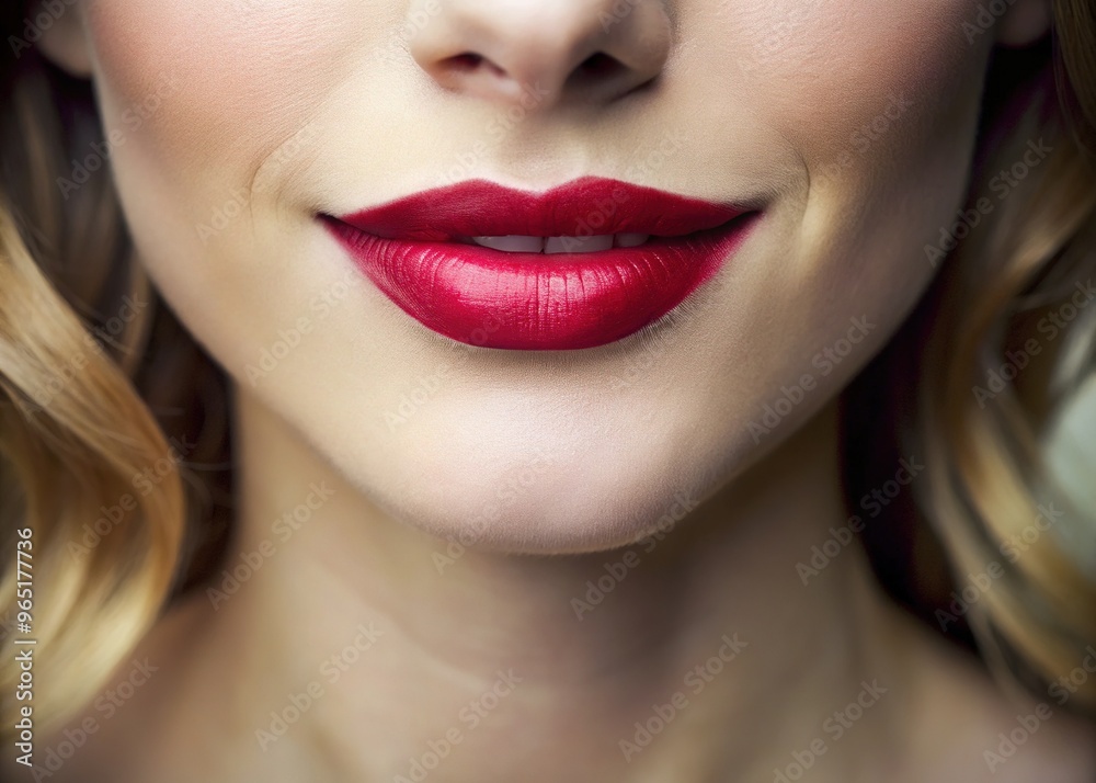 Delicate, soft-focus close-up of a female mouth, highlighting the subtle curves and defined edges of the lips, with a subtle sheen and gentle smile.