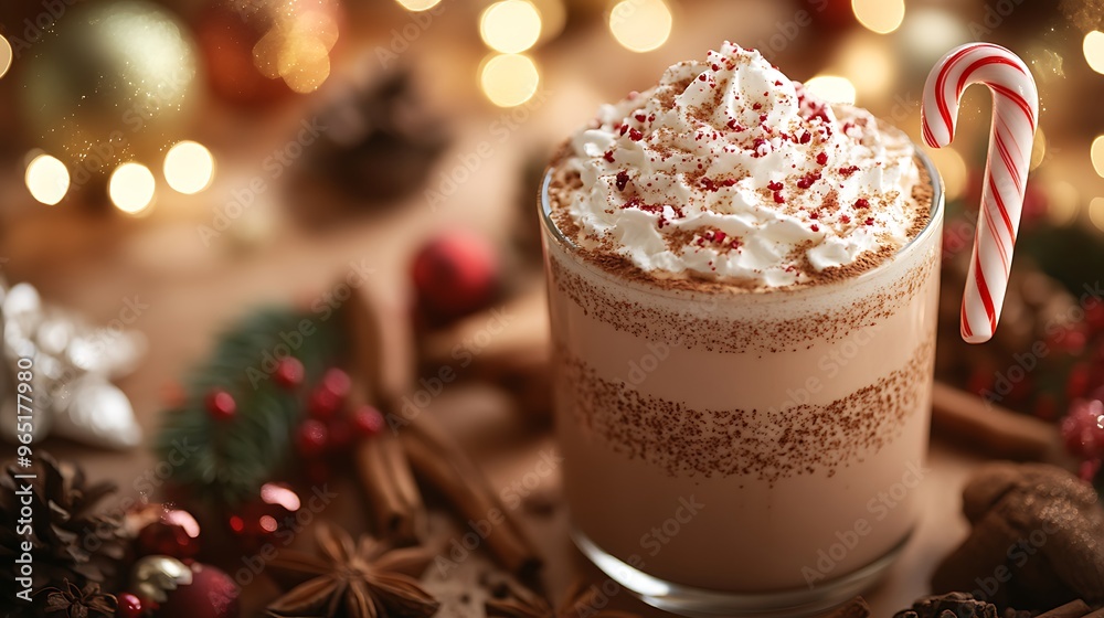 A close-up of a peppermint mocha with whipped cream and a candy cane hanging on the side, surrounded by holiday spices and festive decorations. A close-up of a peppermint mocha with whipped cream and a candy cane hanging on the side, surrounded by holiday spices and festive decorations.