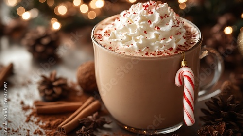 A close-up of a peppermint mocha with whipped cream and a candy cane hanging on the side, surrounded by holiday spices and festive decorations.