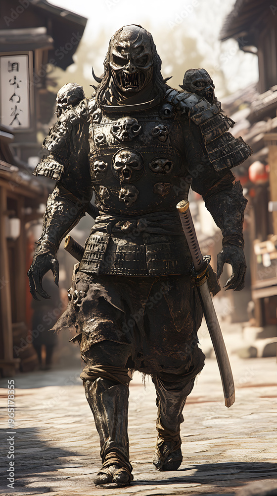 A samurai wearing menacing armor made from oni material, with a helmet, walking through an Edo period town during bright daylight A samurai wearing menacing armor made from oni material, with a helmet, walking through an Edo period town during bright daylight