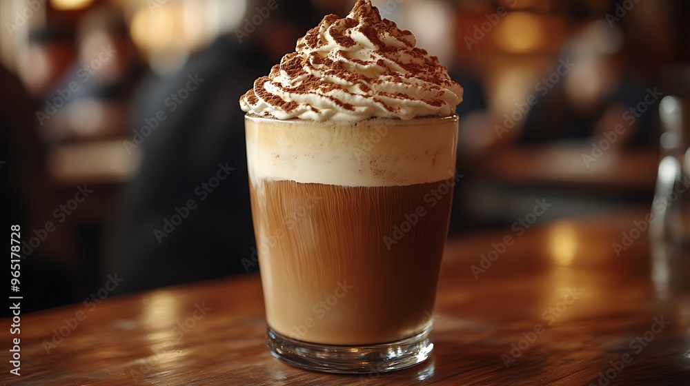 A cozy pub scene with a frothy Irish coffee topped with whipped cream and cocoa powder, sitting on a wooden bar. Warm, ambient lighting adds depth to the scene, A cozy pub scene with a frothy Irish coffee topped with whipped cream and cocoa powder, sitting on a wooden bar. Warm, ambient lighting adds depth to the scene,