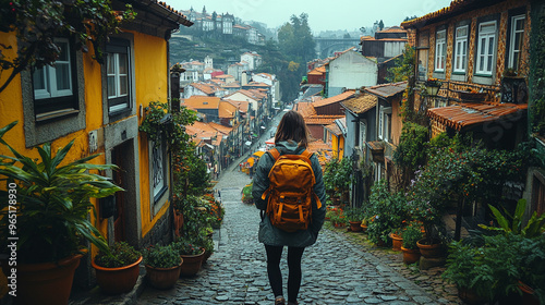 A traveler explores a quaint cobblestone street, surrounded by colorful houses and lush greenery in a picturesque town. photo