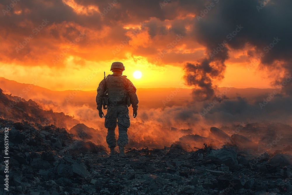 A solitary soldier stands in a barren landscape under a dramatic sky, evoking themes of resilience for Halloween concepts emphasizing solitude and strength, with copy space.