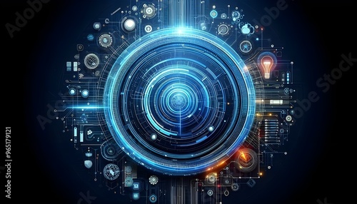 Wallpaper Mural Creative bright blue tech wallpaper with linear circle. Innovation and technology concept. 3D Rendering. Torontodigital.ca