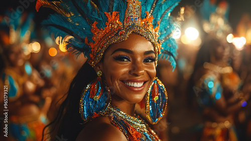 A vibrant carnival scene featuring a joyful woman in stunning costume and headpiece, celebrating with energy and passion.