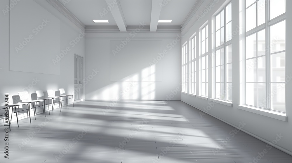 Sunlit Modern Empty Room with Large Windows and Minimalist Chairs Sunlit Modern Empty Room with Large Windows and Minimalist Chairs