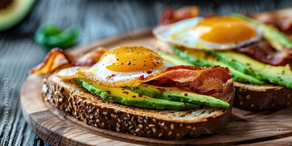 Avocado and bacon on toast served on a wooden platter