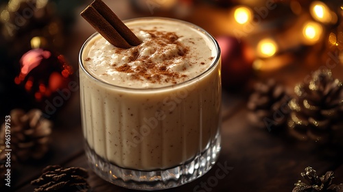 A festive glass of creamy Puerto Rican coquito, garnished with a cinnamon stick and dusted with grated nutmeg. The background features softly glowing Christmas lights and decorations, photo