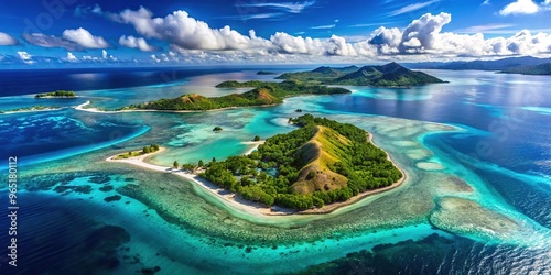 Fiji's aerial view showcases the country's island chain, coral reefs, and turquoise waters, revealing a distinctive culture and history richly woven into its landscape.