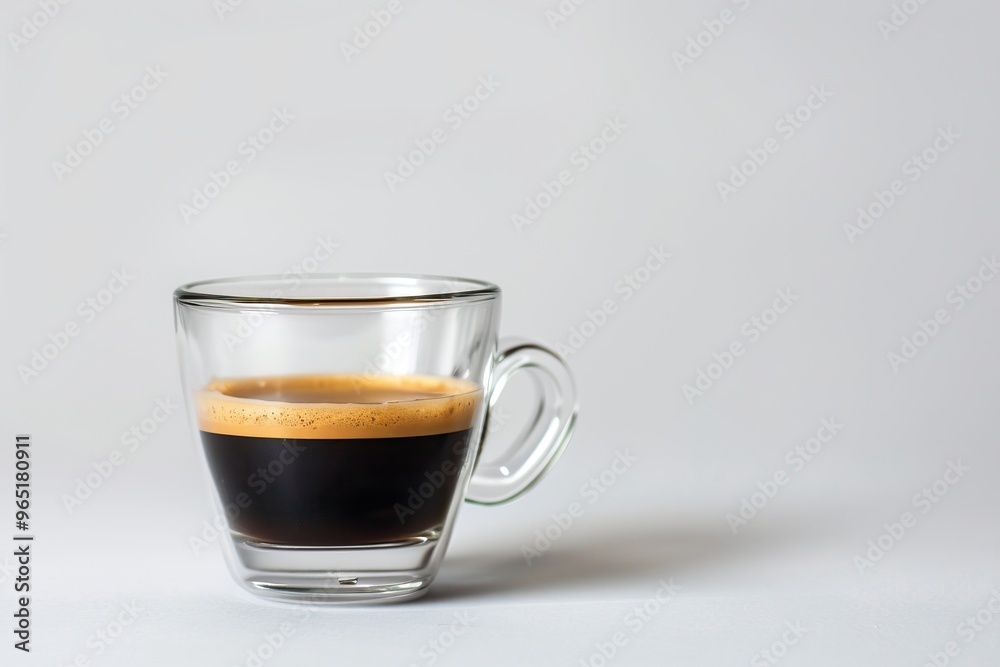 Glass cup of espresso coffee on light gray background with shadow Glass cup of espresso coffee on light gray background with shadow