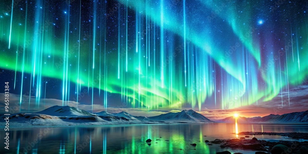 Fototapeta premium Northern Lights Symphony A Digital Painting of Vivid Aurora Borealis Over Snowy Mountains and a Calm Lake, Aurora Borealis, Northern Lights, Landscape
