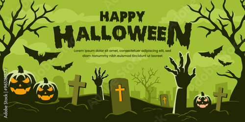 Halloween background cemetery landscape with zombie hands, tombstones, and haunted house