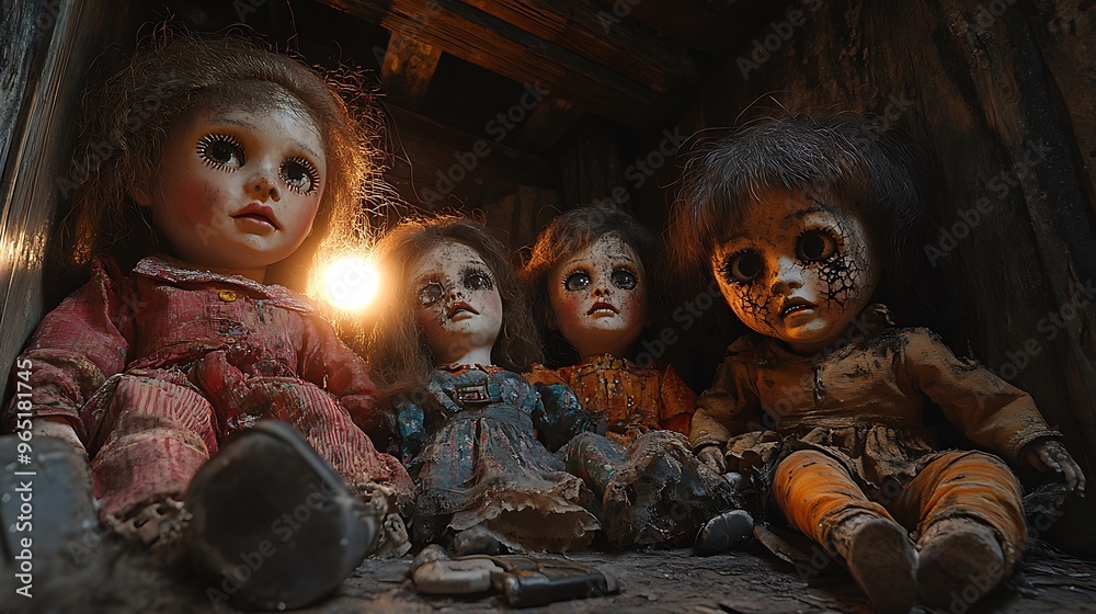 A dimly lit corner with old, damaged dolls sitting in disarray, their once-beautiful faces now cracked and peeling. The light flickers, A dimly lit corner with old, damaged dolls sitting in disarray, their once-beautiful faces now cracked and peeling. The light flickers,