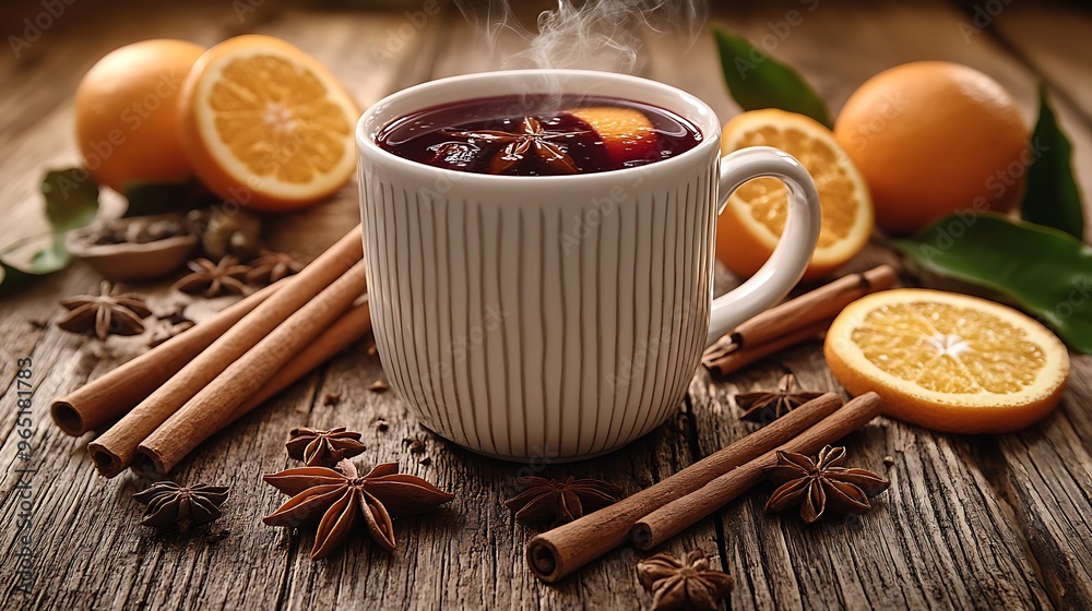 A flat-lay composition of a steaming cup of mulled wine on a rustic wooden table, surrounded by ingredients like cinnamon sticks, star anise, and sliced oranges. A flat-lay composition of a steaming cup of mulled wine on a rustic wooden table, surrounded by ingredients like cinnamon sticks, star anise, and sliced oranges.