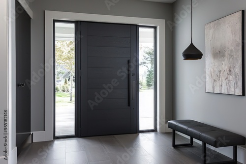 Minimalist contemporary entryway with charcoal gray tones and a sleek door.